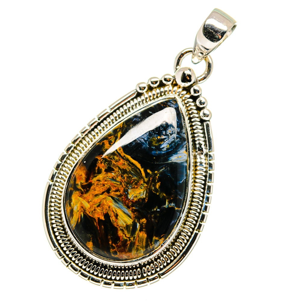 Silver-framed pietersite teardrop pendant with bail; blue-black stone with gold veining