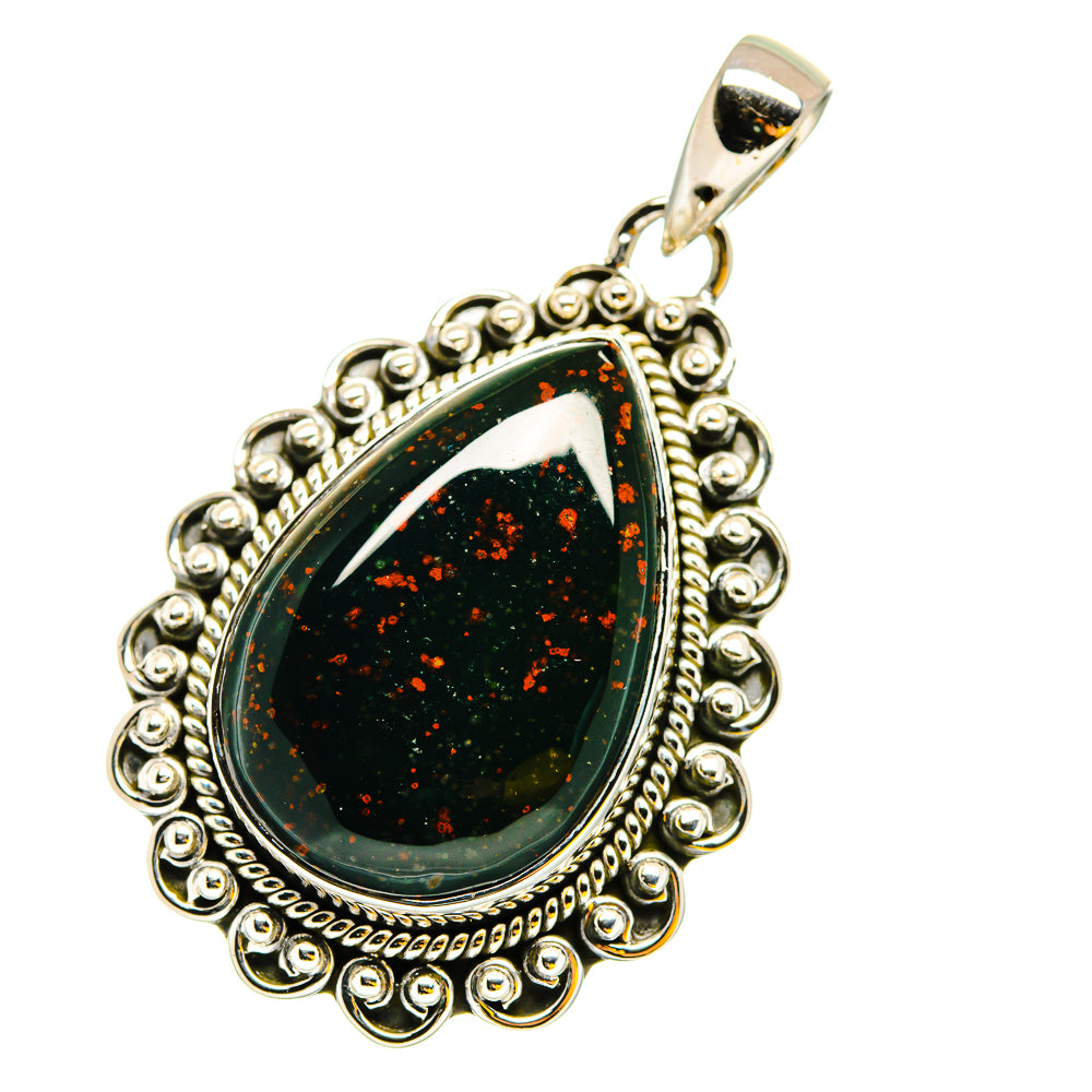 Bloodstone teardrop pendant bail view in 925 sterling silver, dark green red-speckle cabochon