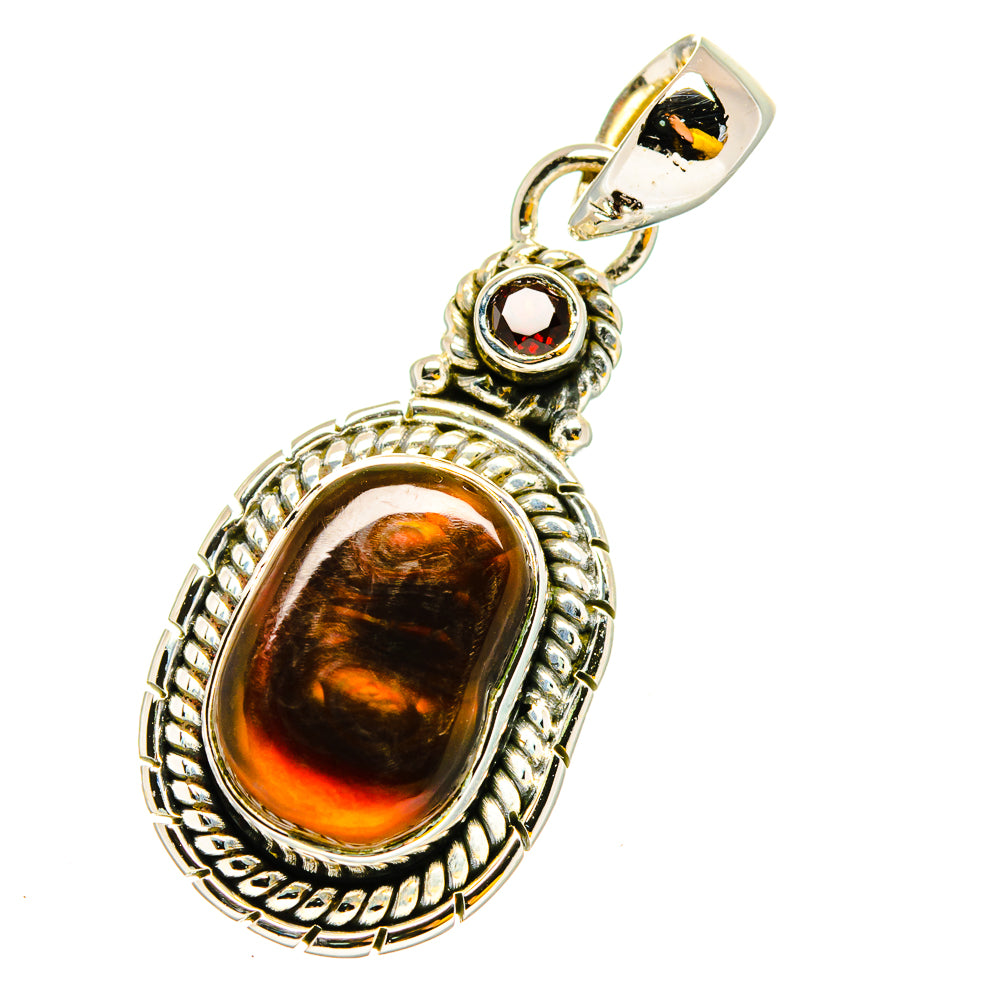 Oval fire agate and garnet pendant in 925 sterling silver, ornate bezel