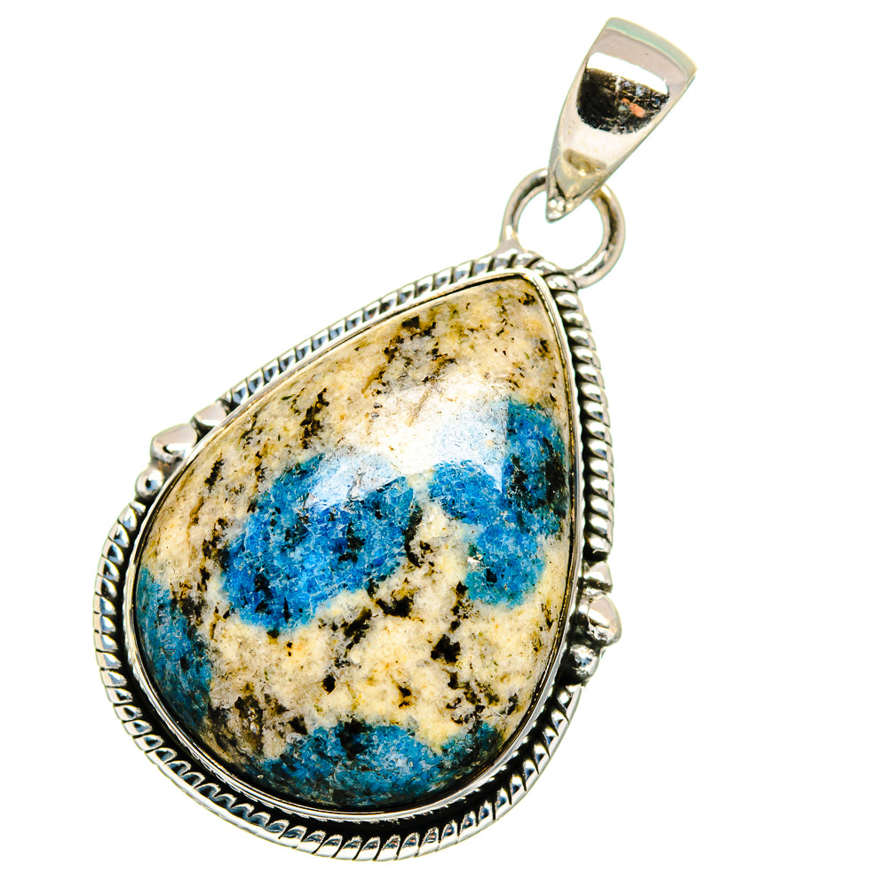 Sterling silver teardrop azurite pendant with blue mineral patches and open loop bail