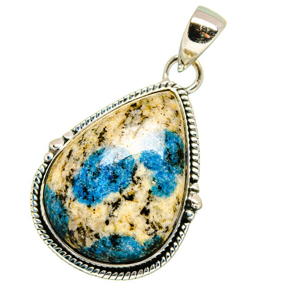 Sterling silver teardrop azurite pendant with blue mineral patches and open loop bail