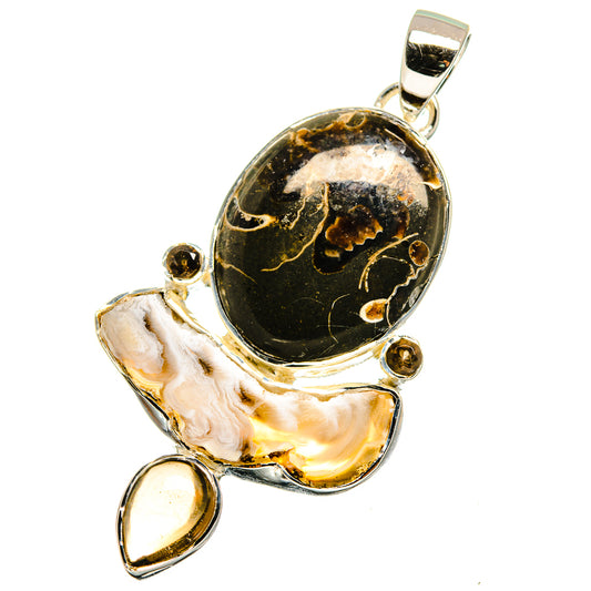 Turritella Agate, Mother Of Pearl, Smoky Quartz Pendants handcrafted by Ana Silver Co - PD13528