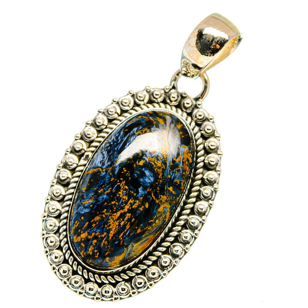 Sterling silver oval pietersite pendant with blue-gold stone and bead border