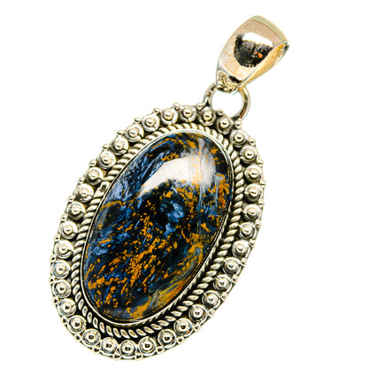 Sterling silver oval pietersite pendant with blue-gold stone and bead border
