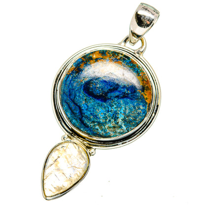 Round blue azurite pendant in silver with teardrop iridescent moonstone dangle