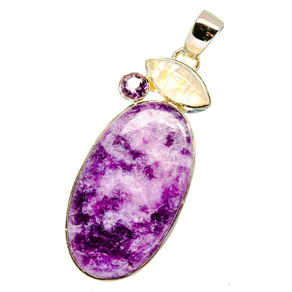 Sterling silver pendant with large oval purple gemstone, pale opal top, and small round amethyst