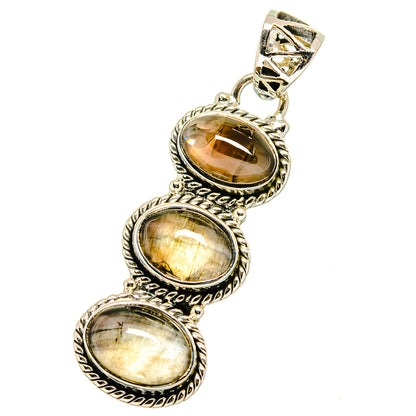 3-stone smoky quartz pendant in 925 sterling silver with oval yellow cabochons