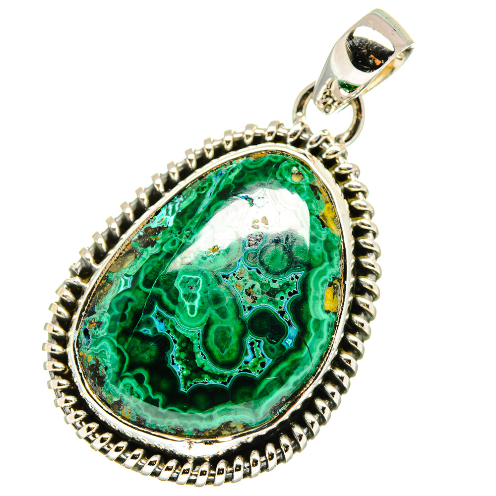 Sterling silver teardrop pendant with green malachite-chrysocolla stone and beaded rim