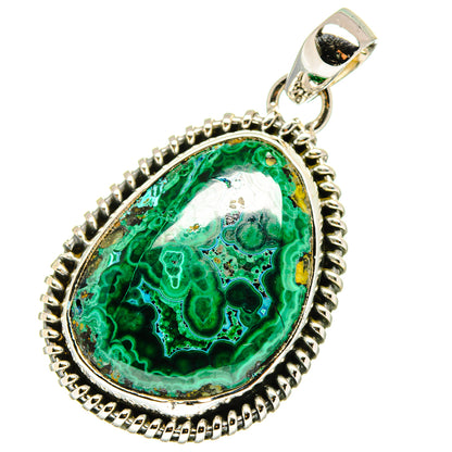 Sterling silver teardrop pendant with green malachite-chrysocolla stone and beaded rim