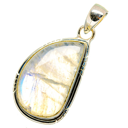 Oval rainbow moonstone pendant with silver bezel and loop, 925 sterling silver