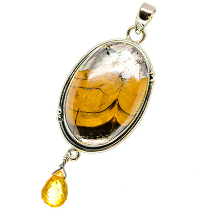 Citrine oval pendant in silver-tone bezel with dangling teardrop charm
