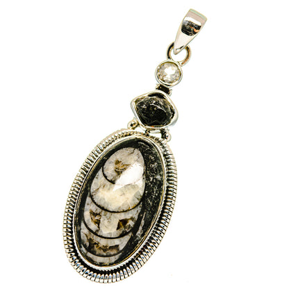 Orthoceras Fossil, Black Tourmaline, Blue Topaz Pendants handcrafted by Ana Silver Co - PD13683