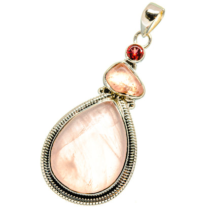Sterling silver drop pendant with rose quartz teardrop and garnet round stone