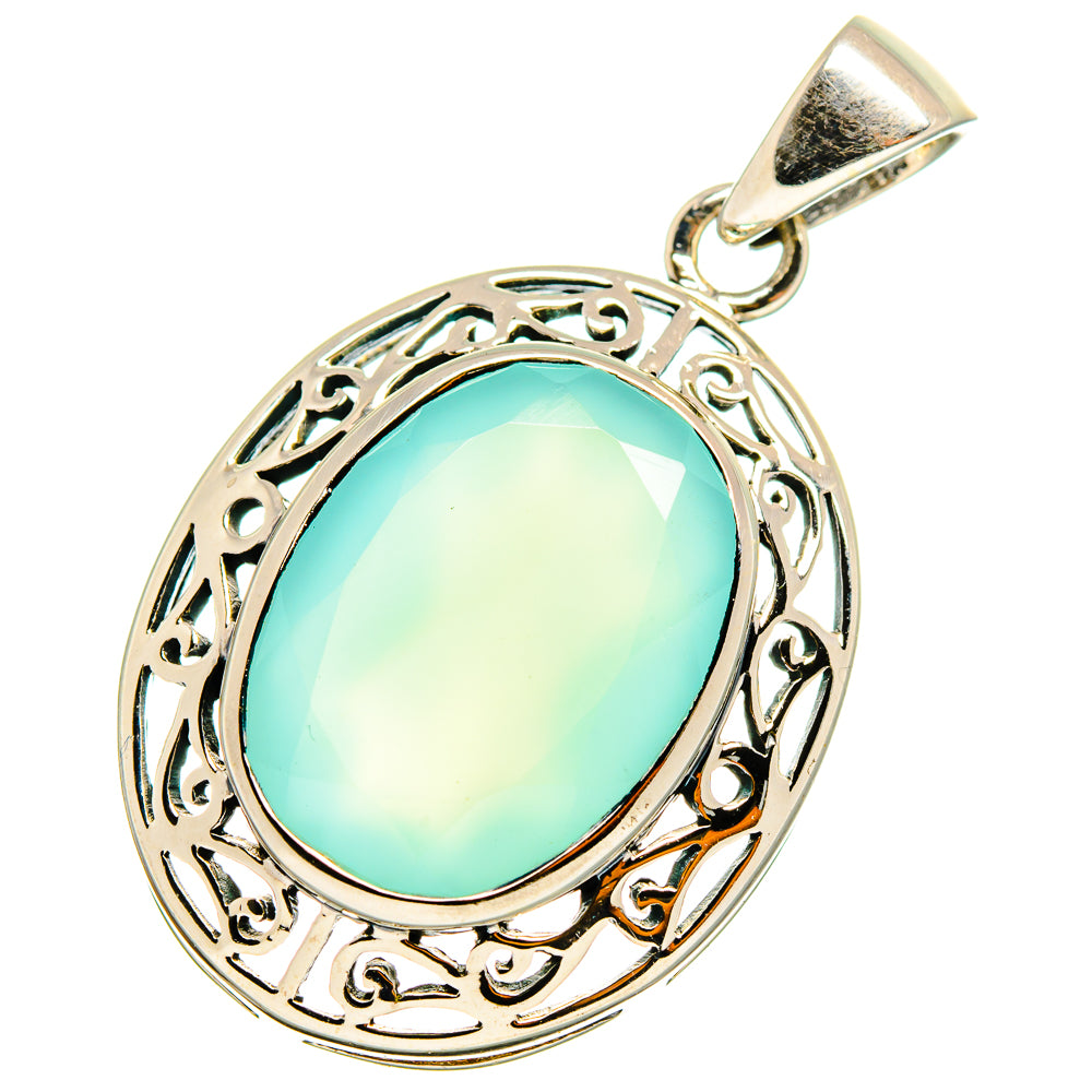 Aqua chalcedony pendant in ornate 925 sterling silver setting with oval stone