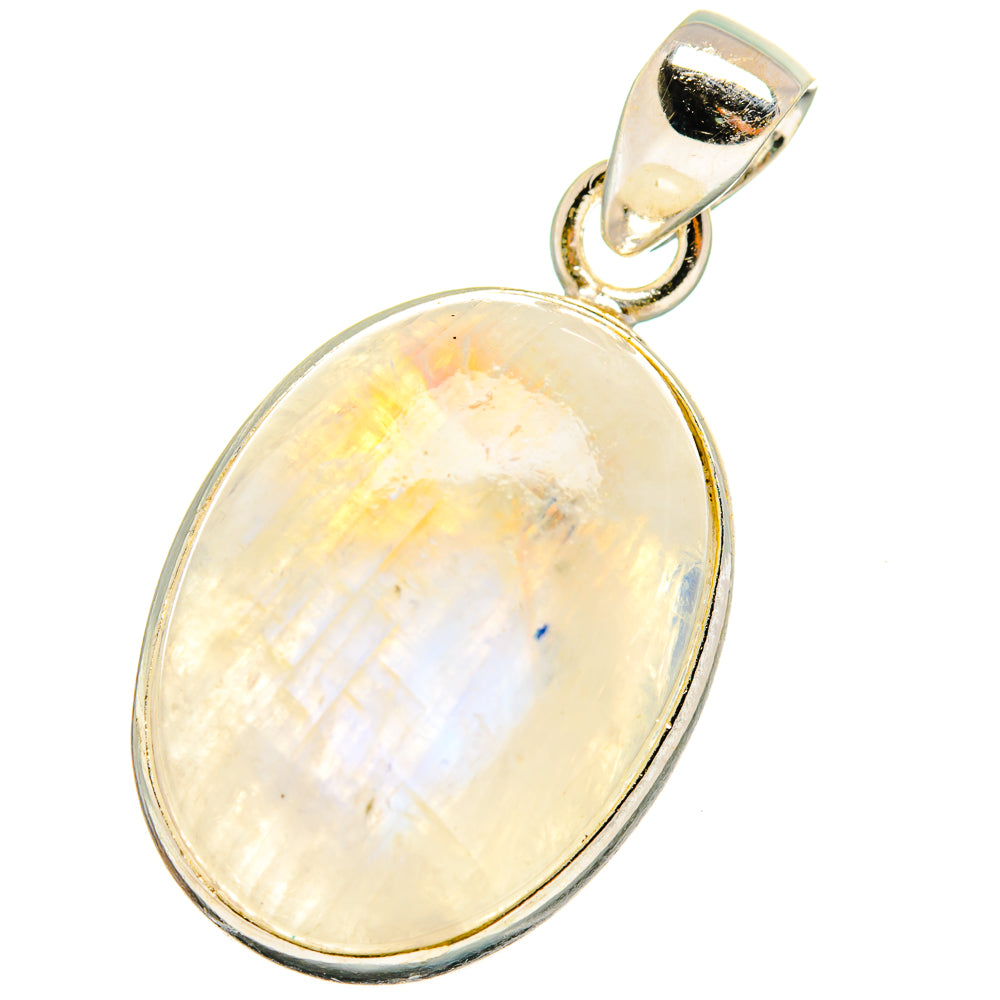 Oval rainbow moonstone pendant in 925 sterling silver bezel with round bail