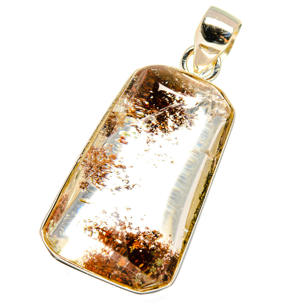 Rectangular garden quartz pendant with sparkling amber flecks in gold-tone bezel
