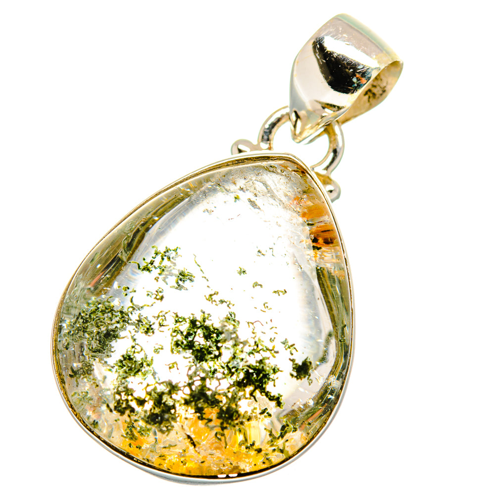 Teardrop garden quartz pendant, gold-tone sterling silver, clear with green glitter flecks