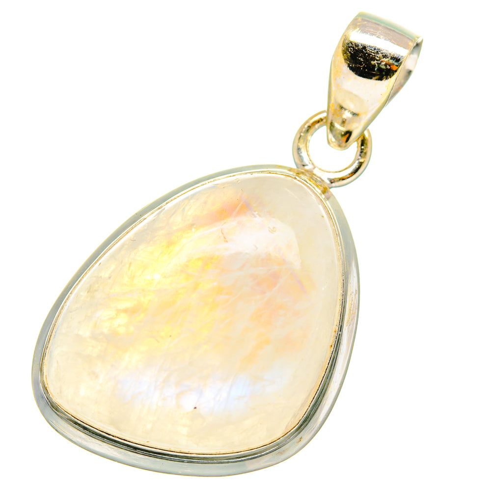 Teardrop moonstone pendant in polished 925 sterling silver setting, opalescent light.