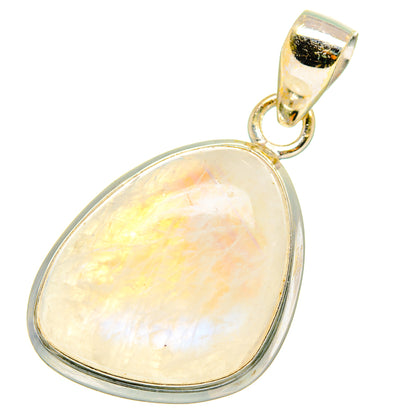 Teardrop moonstone pendant in polished 925 sterling silver setting, opalescent light.