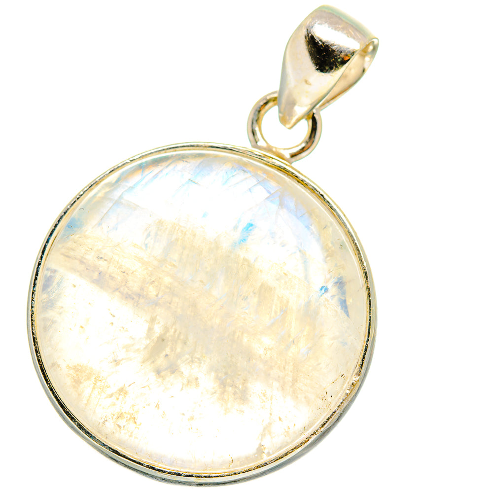 Round moonstone pendant with opalescent stone, gold-tone bezel, loop bail and top