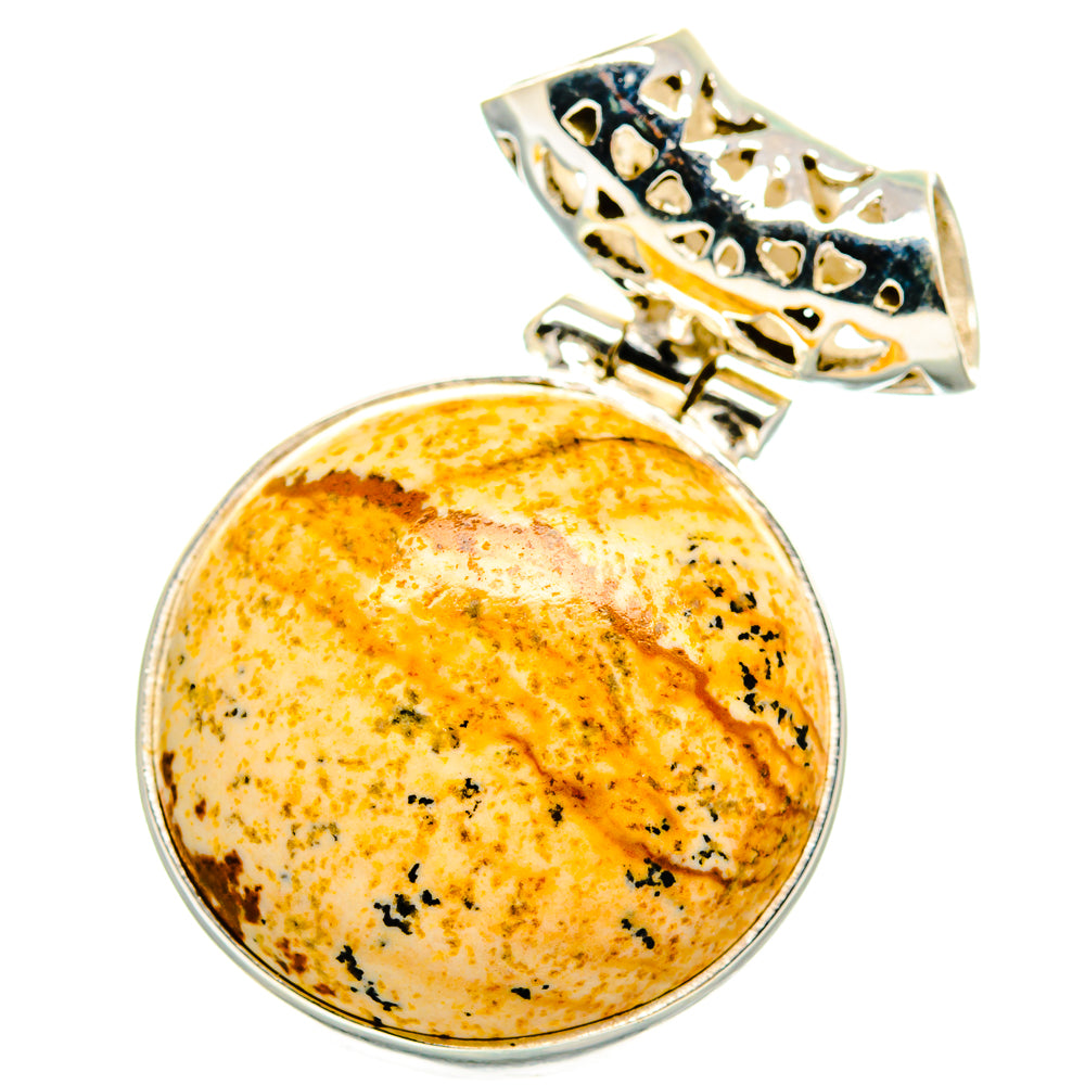 Round picture jasper pendant on silver bail, yellow stone with dark speckles