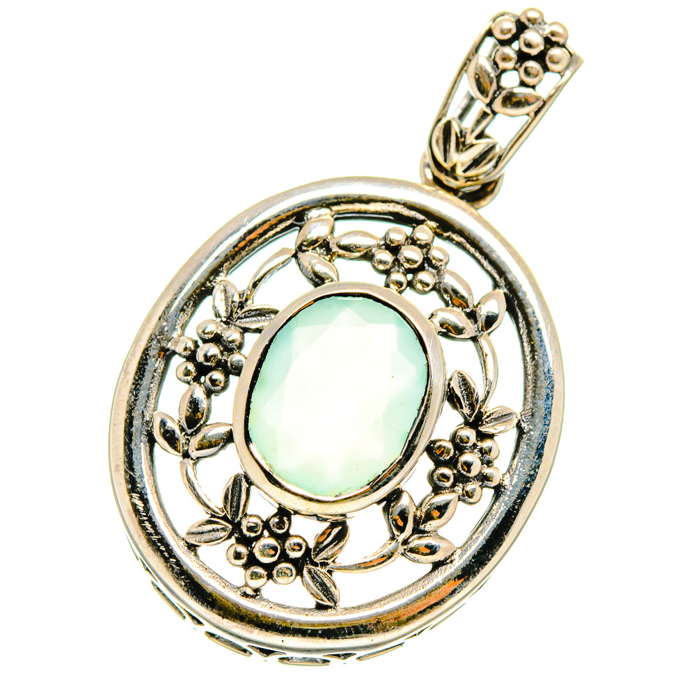 Aqua chalcedony pendant, oval mint stone in ornate silver ring with loop bail