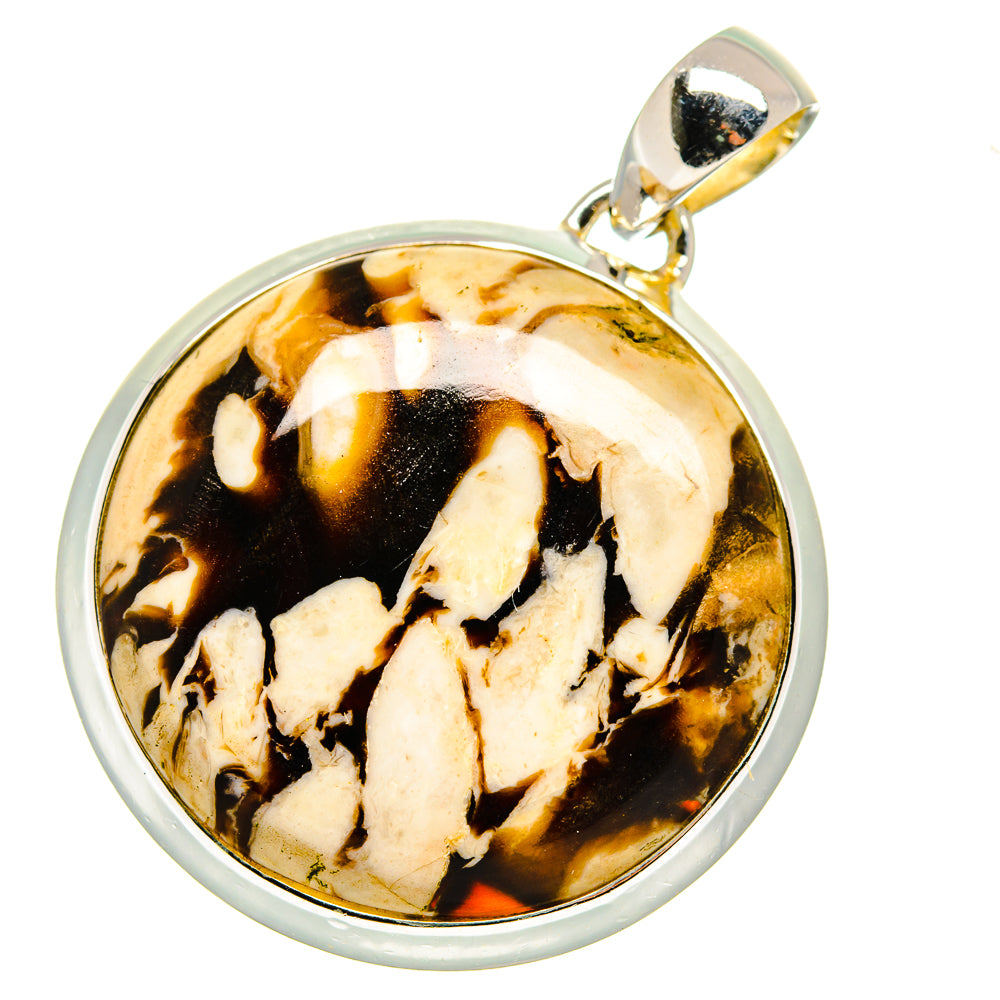 Sterling silver jasper pendant with round cabochon, gold-tone bail, amber and cream swirls