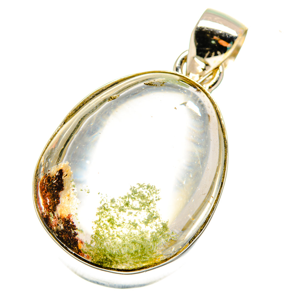 Oval garden quartz pendant with green flecks in polished sterling silver bezel