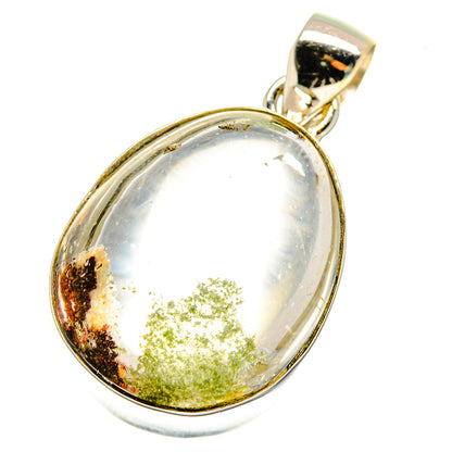 Oval garden quartz pendant with green flecks in polished sterling silver bezel