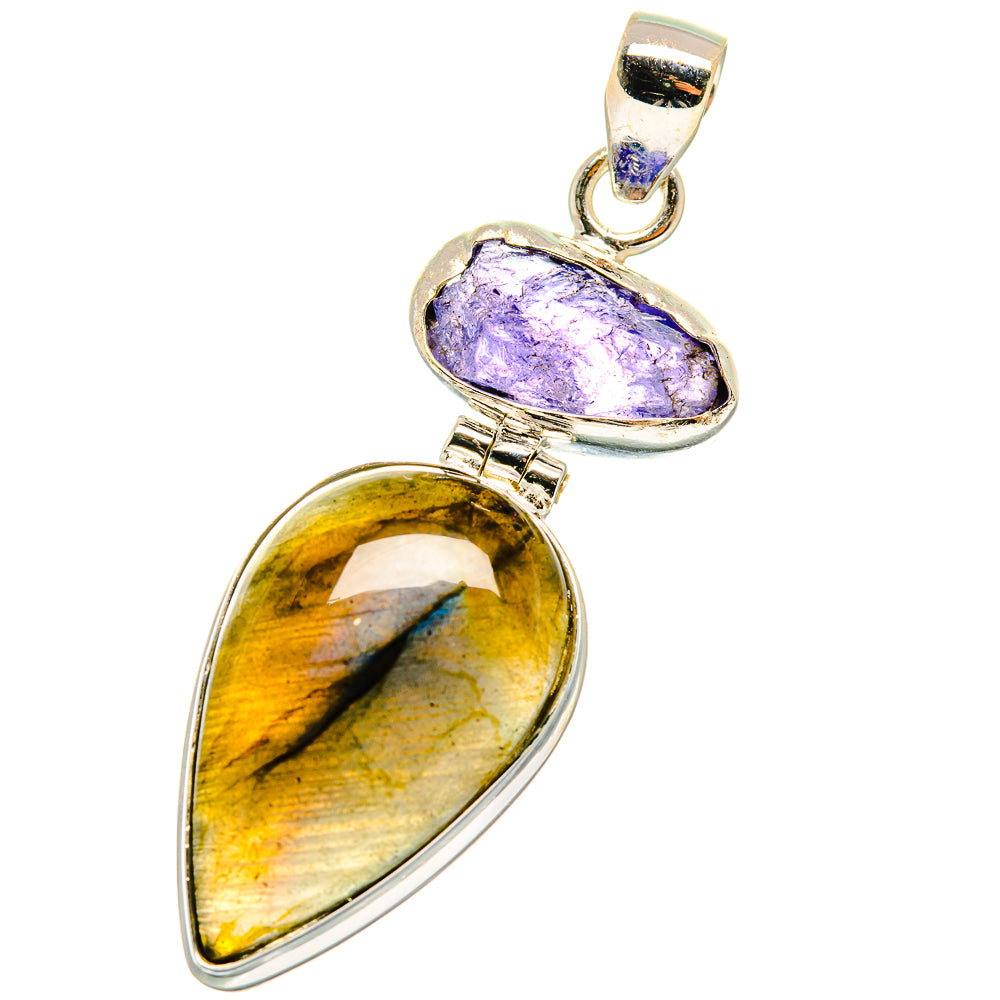 Sterling silver pendant: teardrop yellow-blue labradorite and purple tanzanite stones