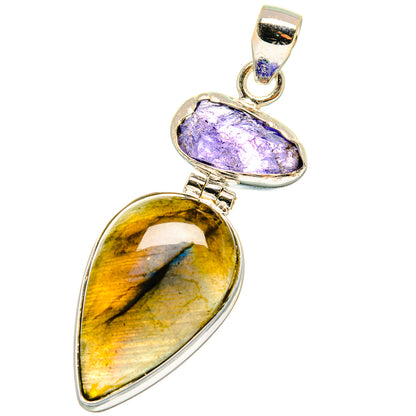 Sterling silver pendant: teardrop yellow-blue labradorite and purple tanzanite stones