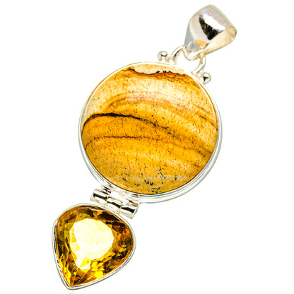 Sterling silver pendant with oval picture jasper and teardrop citrine gemstone drop