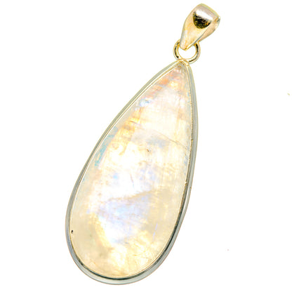 Teardrop moonstone pendant in silver-tone with gold bail, pearly iridescent face