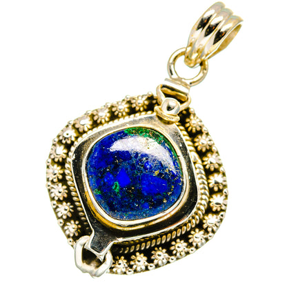 Sterling silver pendant bail and bezel; round blue gemstone with green flecks, decorative border