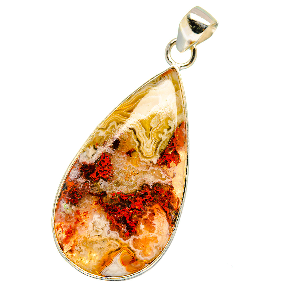 Crazy lace agate teardrop pendant, 925 sterling silver with loop bail; orange, cream, black