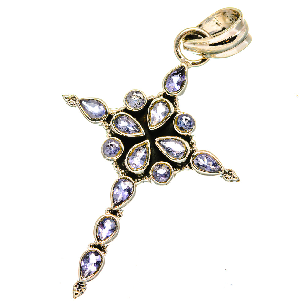 Sterling silver cross pendant with faceted purple gemstones and bail