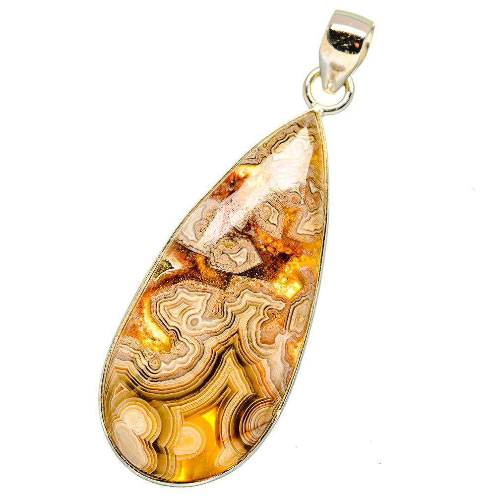 Teardrop agate pendant with golden-brown banded pattern and sterling silver bail