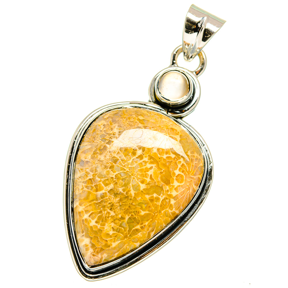 Teardrop citrine pendant with red coral bead, polished 925 sterling silver frame