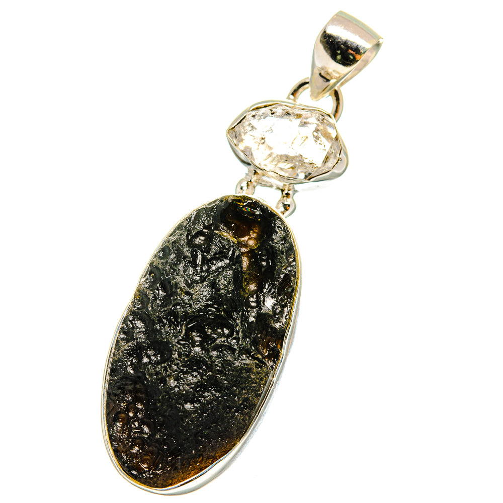 Sterling silver pendant with clear crystal centerpiece and long oval black druzy stone, bail loop