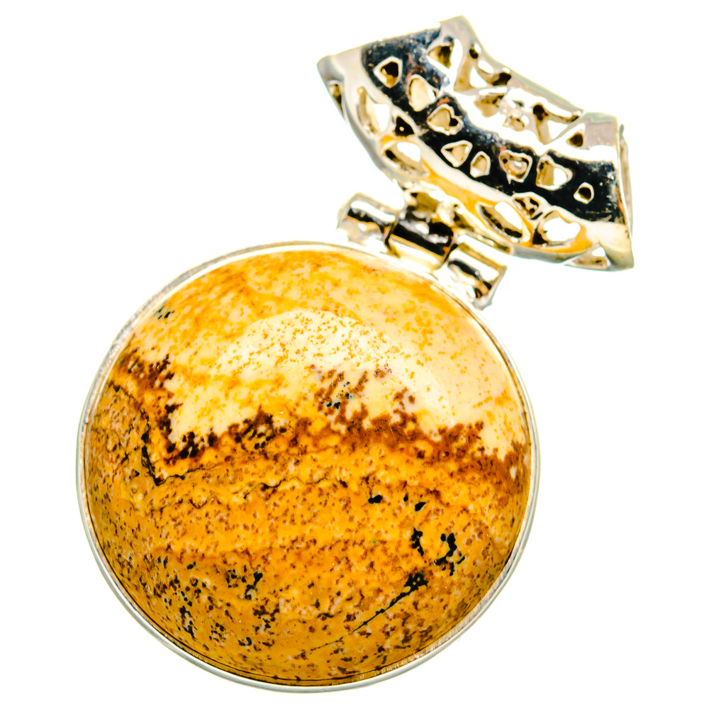Picture jasper cabochon pendant in sterling silver bezel, round amber stone and ornate top