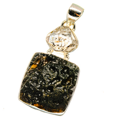 Sterling silver pendant with clear Herkimer crystal top over black tektite square