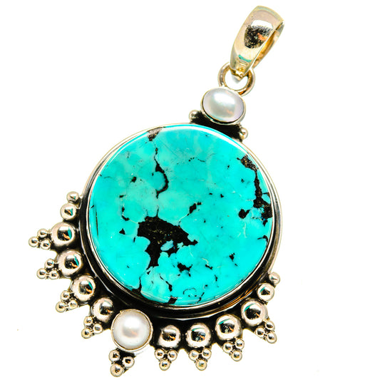 Tibetan Turquoise, Cultured Pearl Pendants handcrafted by Ana Silver Co - PD14250
