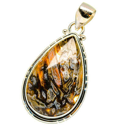 Teardrop tube agate pendant, 925 sterling silver setting and bail, striped black and amber.