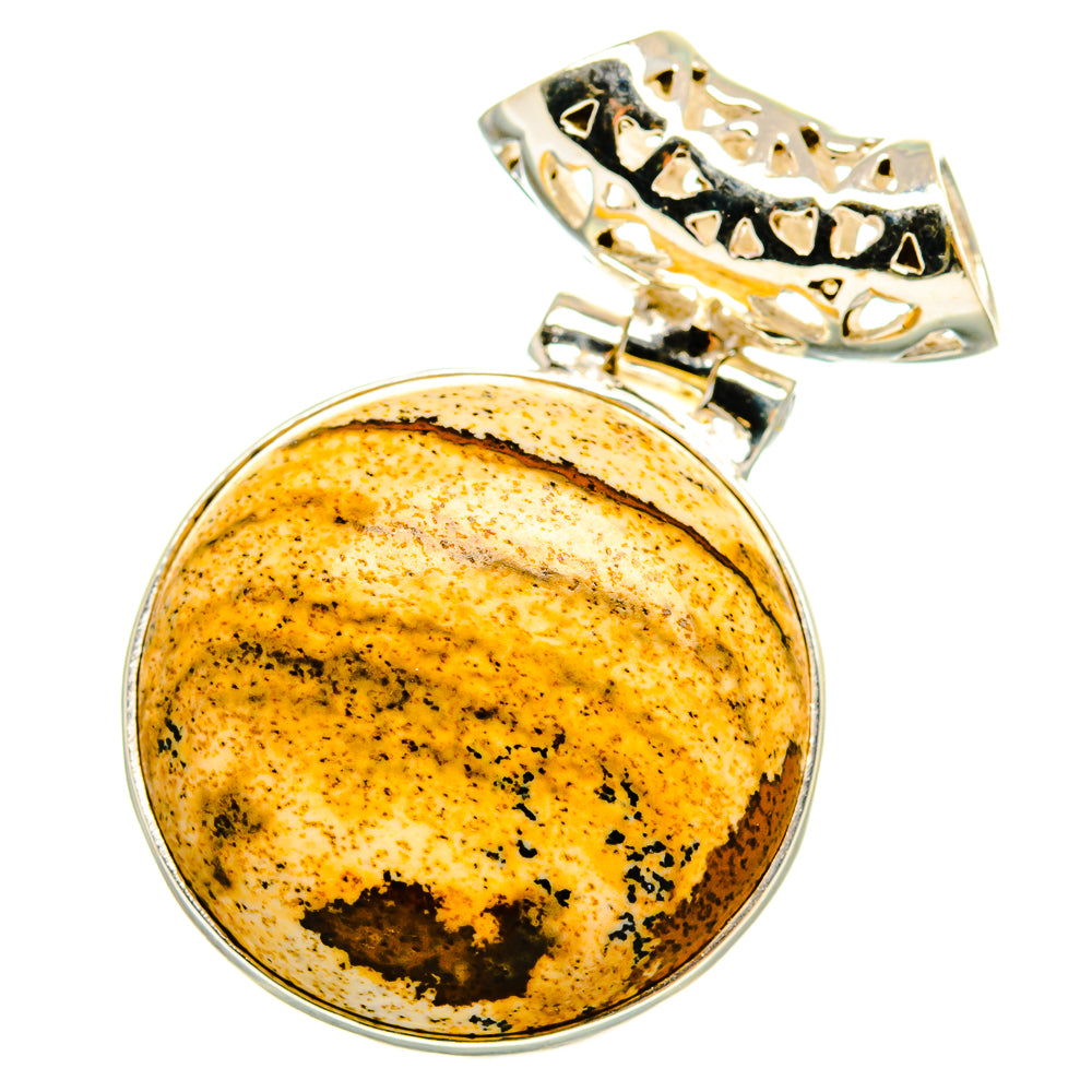 Picture jasper cabochon pendant, 925 silver bezel with decorative bail