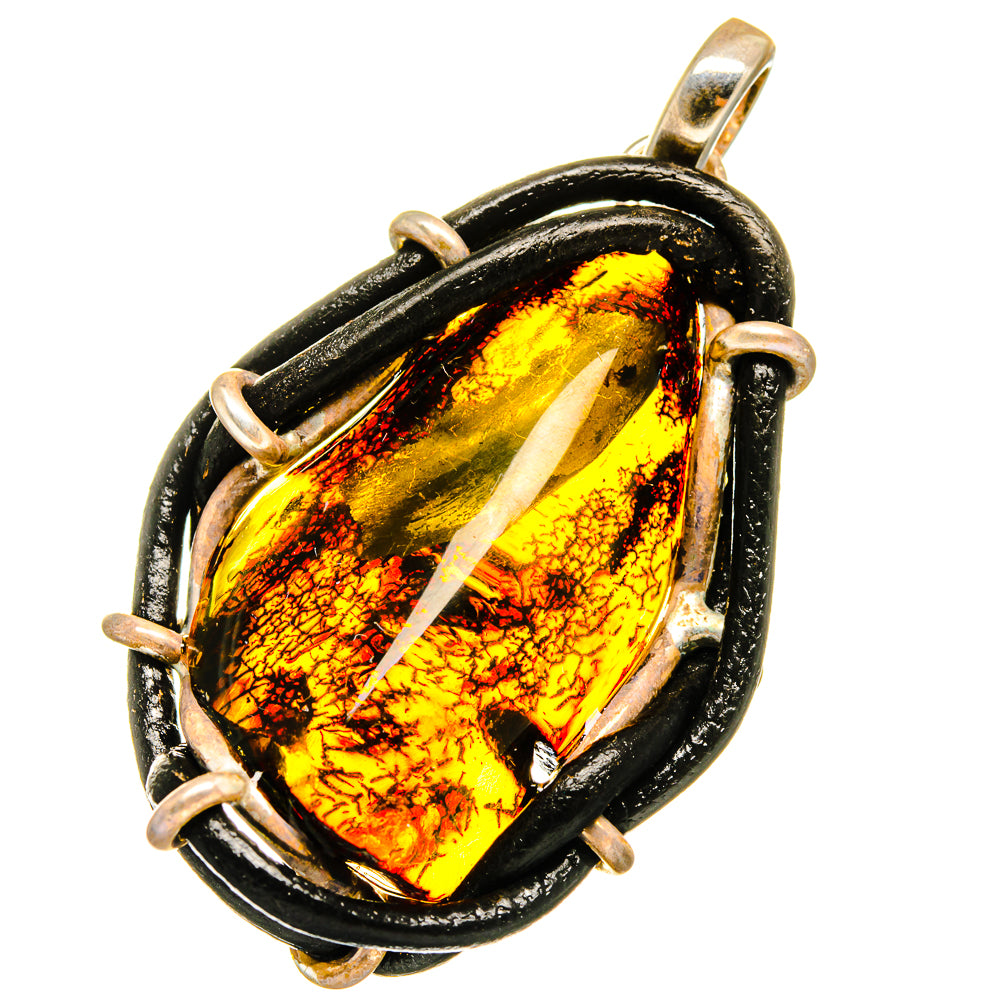 Sterling silver amber pendant with yellow teardrop amber in black frame