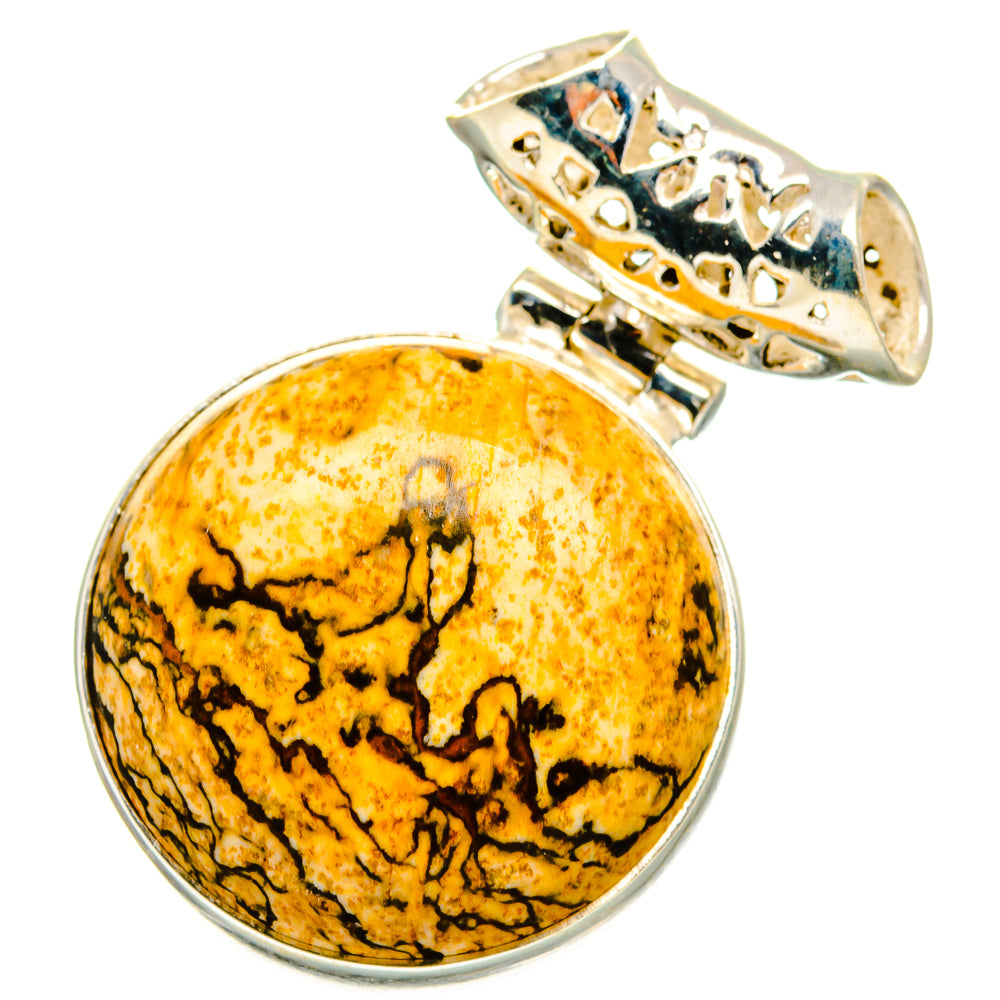 Round amber Picture Jasper cabochon pendant in 925 silver bezel with openwork bail