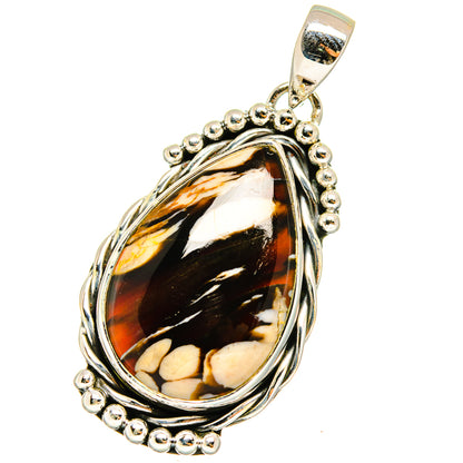 Teardrop jasper pendant with amber and black stone, beaded silver frame and loop bail
