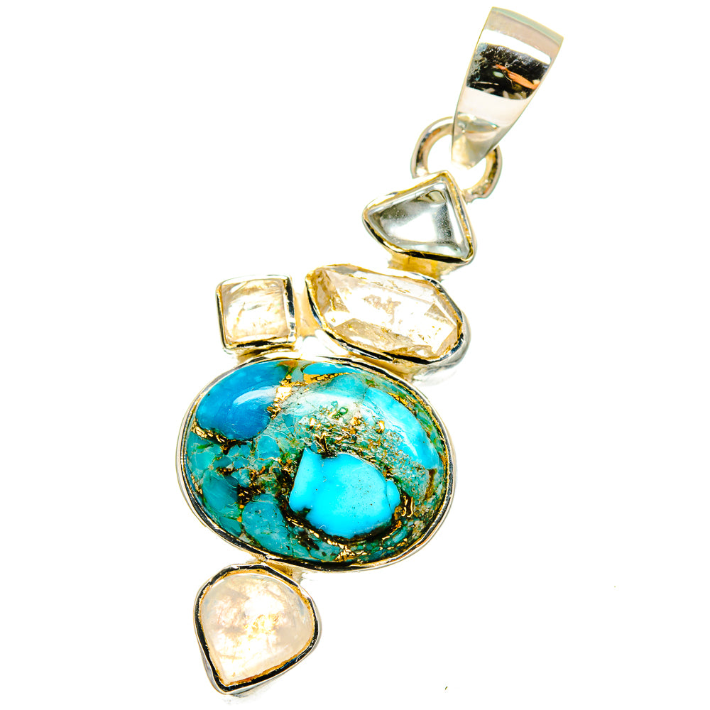 Sterling silver tone pendant with blue turquoise oval center and two dangling heart accents.