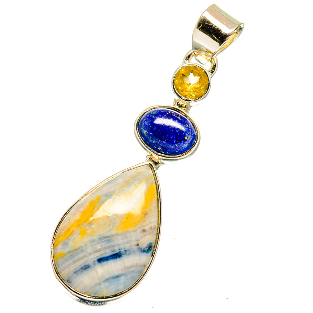 Sterling silver gemstone pendant with lapis blue and yellow cabochons, teardrop drops