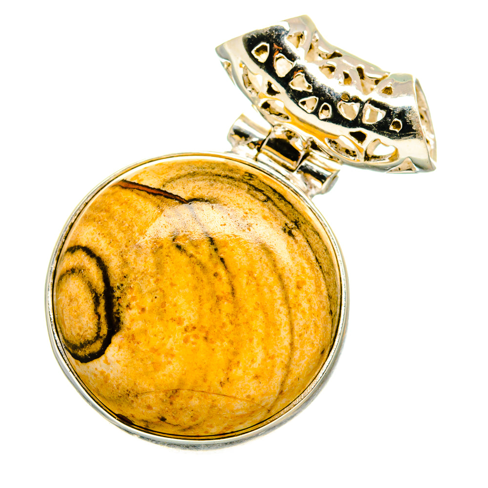 Round picture jasper pendant with sterling silver bezel and ornate openwork bail
